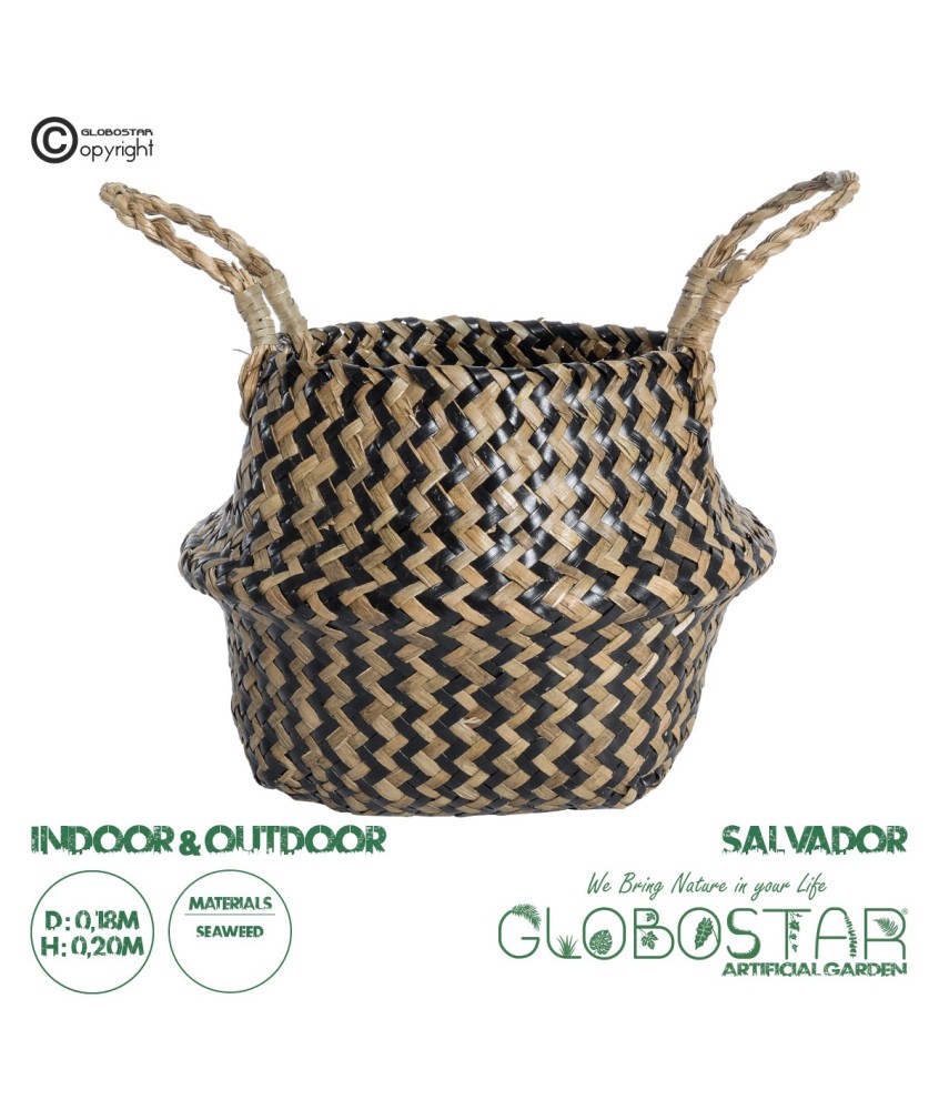 GloboStar® Artificial Garden SALVADOR 20588 Διακοσμητικό Πλεκτό Καλάθι - Κασπώ Γλάστρα - Flower Pot Καφέ με Μαύρο Φ18 x Υ20cm
